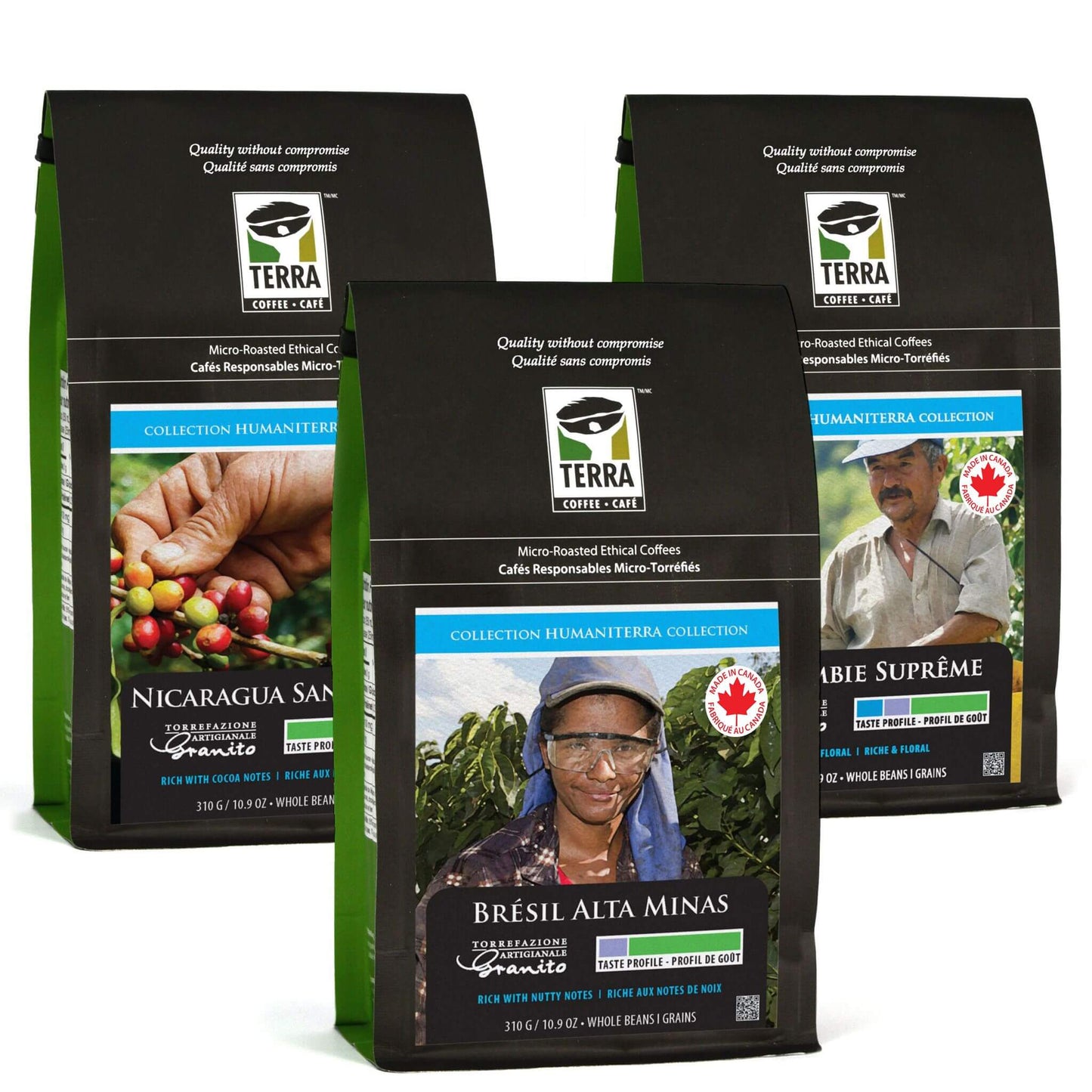 Terra Humaniterra Collection coffees — Nicaragua Santa Celia, Brazil Alta Minas, and Colombia Suprême on counter.