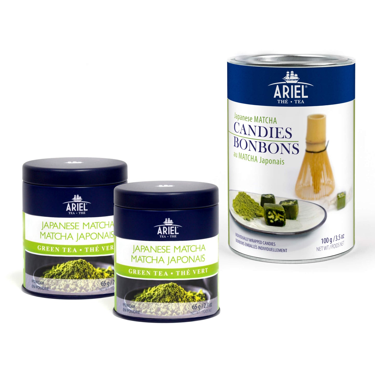 Japanese matcha powder tins with a canister of Japanese matcha candies arranged together as a Terra product bundle trio.
