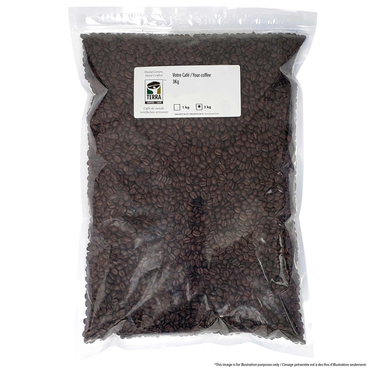 A package of Terra Coffee Roaster's Brazil Bela Vista Anaerobic Fermented Process Coffee, showing a green and black design with an image of a coffee grower and coffee plants.