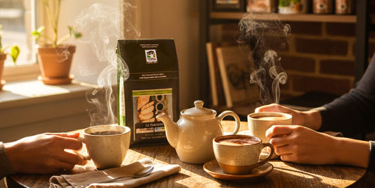 Two people enjoying Terra coffee, Ariel tea, and hot chocolate at a wooden table with a teapot and cups.