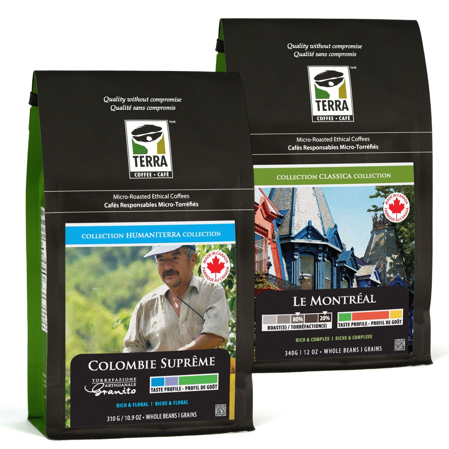 Coffee holiday bundle duo featuring Montréal Blend and Colombie Suprême bags from Terra.