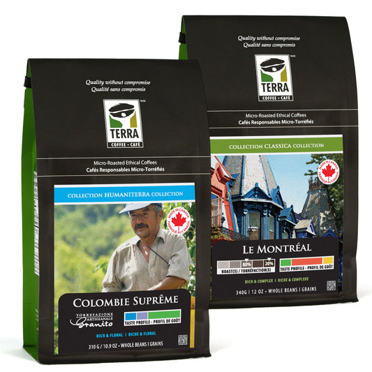 Coffee holiday bundle duo featuring Montréal Blend and Colombie Suprême bags from Terra.