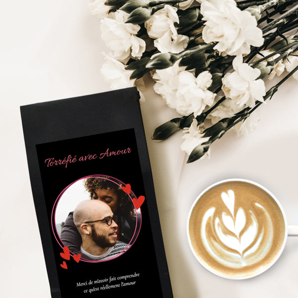 Custom coffee bag with personal photo and latte art by Terra Coffee & Tea.
