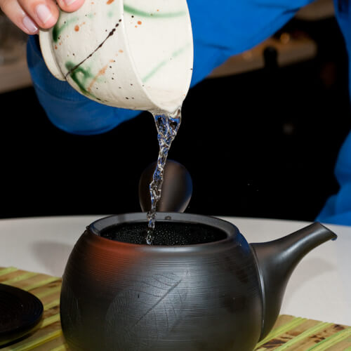 Handcrafted Japanese clay teapot pouring hot water during Terra tea preparation.