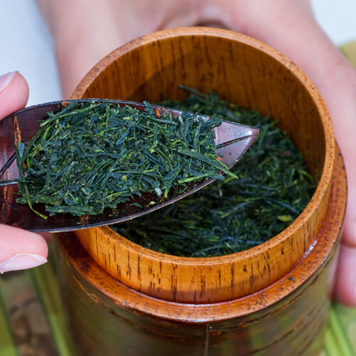 Loose-leaf premium green tea scooped from a wooden canister – Japanese style tea leaves – from Terra Café & Thé ARIEL tea collection.